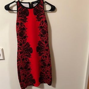 Red and black floral cocktail dress